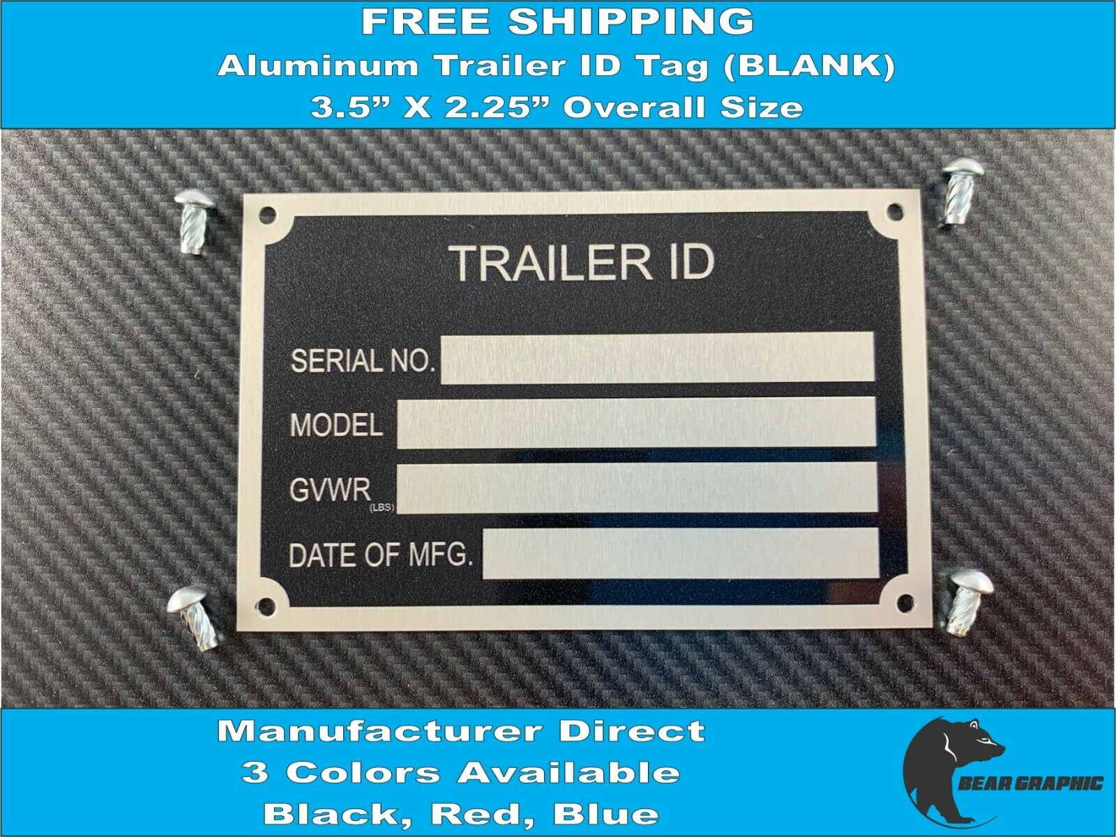 Trailer Id Tag (blank) Serial Data Plate Vin 3 Colors Available Black Red Blue