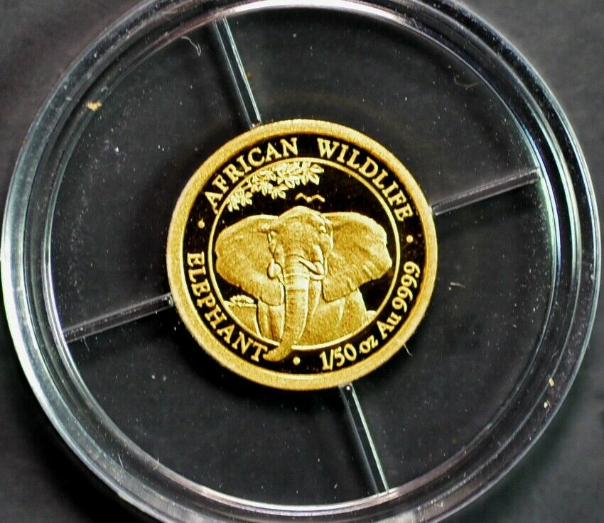 2021 Solid Pure Gold .9999 Fine Proof 1/50 Oz Somalia 20 Shillings Elephant Coin