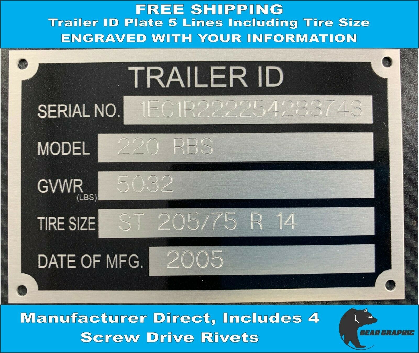 Trailer Id Tag (engraved) Serial Number Plate Vin 5 Lines Including Tire Size