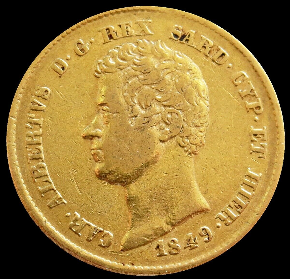 1849 Gold Sardinia Italy 6.451 Grams 20 Lire Carlo Alberto Coin
