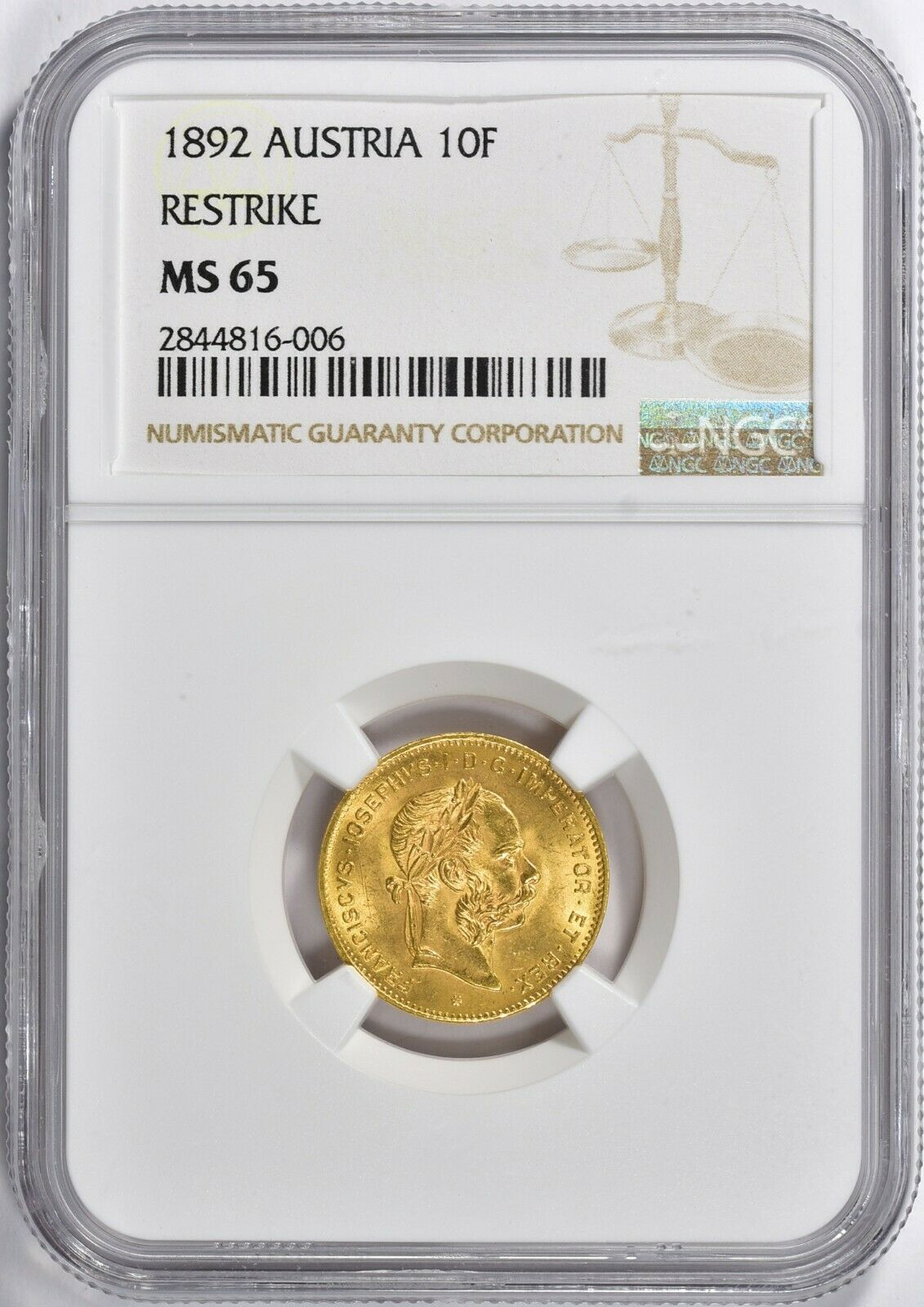 1892 Austria 10 Francs (4 Florins) Gold Restrike Coin Ngc Ms 65
