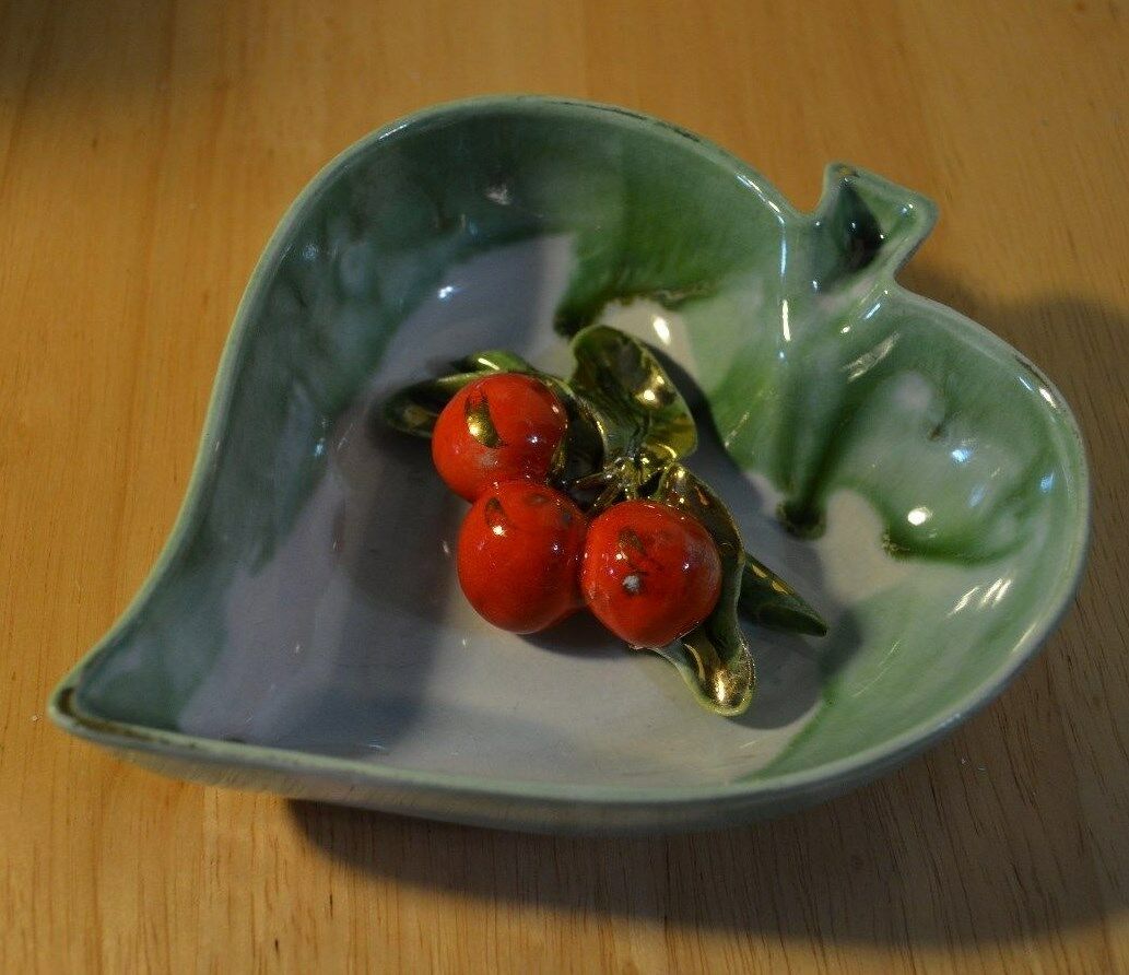 Vintage Hope Warren Pottery Leaf Ceramic Bowl With Cherry. Vanity Jewelry Holder